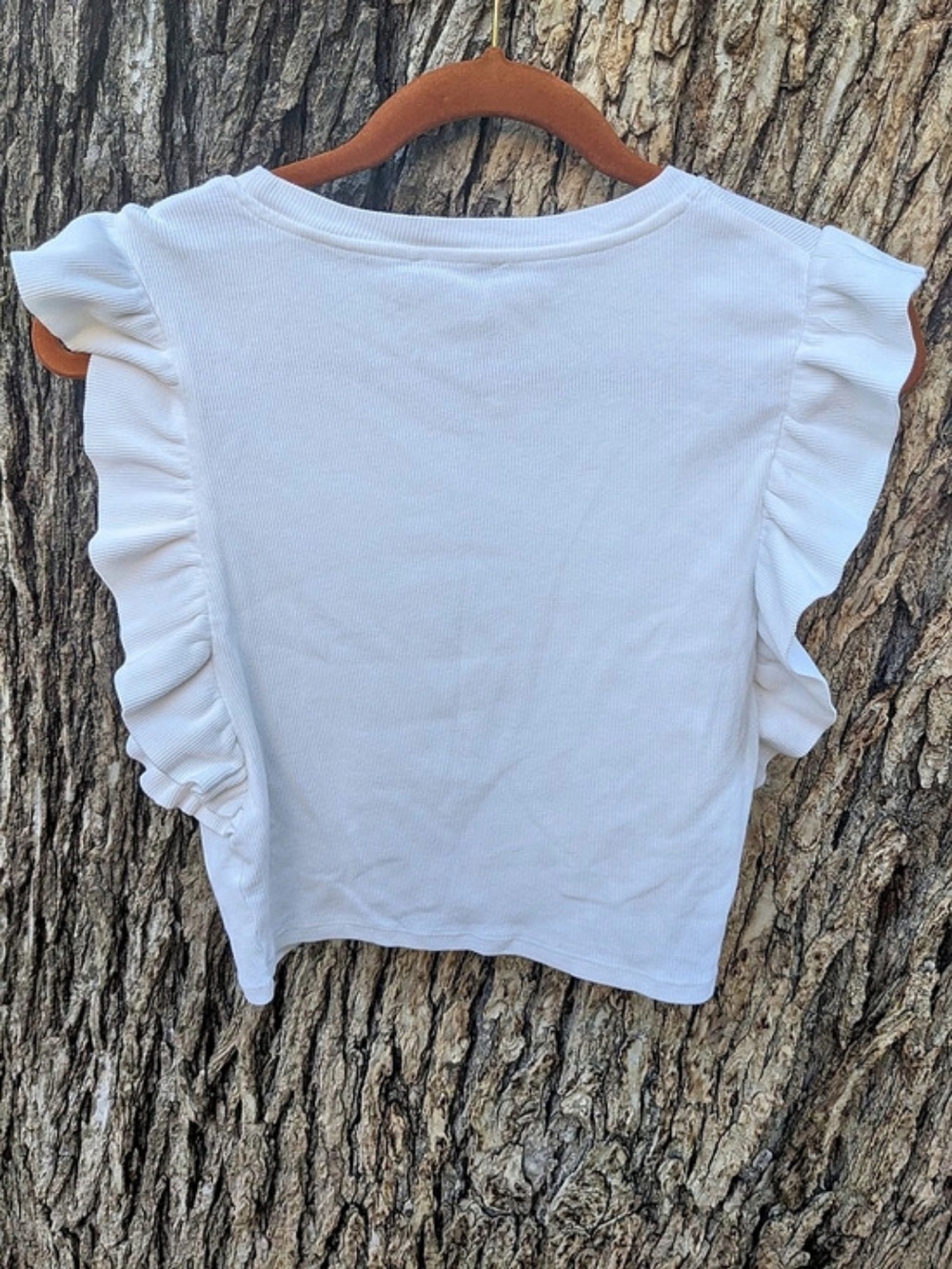 Zara Ribbed Ruffle T-Shirt Ruffle Sleeve Top White Medium - Picture 2 of 8